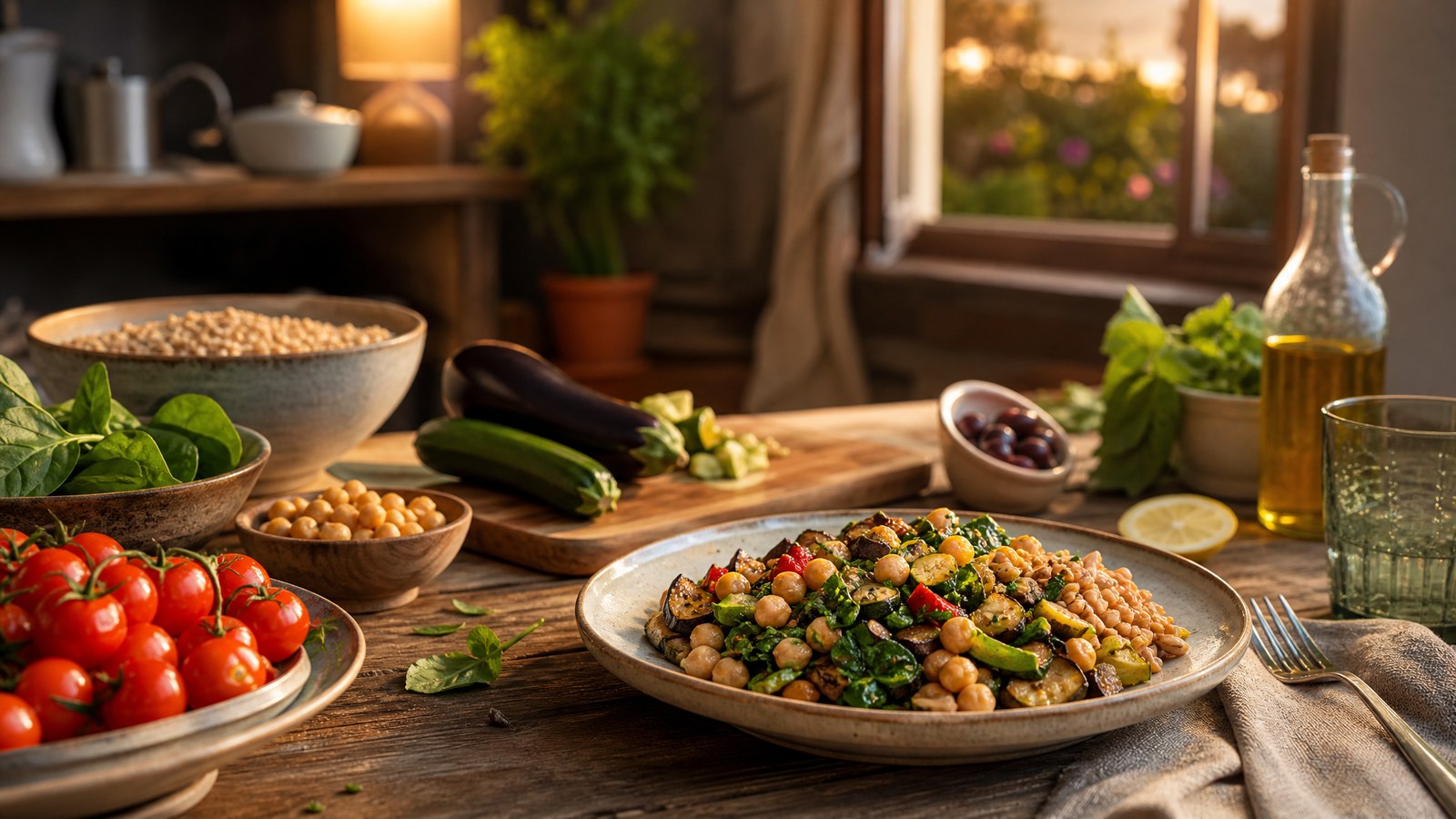 Cena leggera e saziante con verdure, proteine e cereali integrali