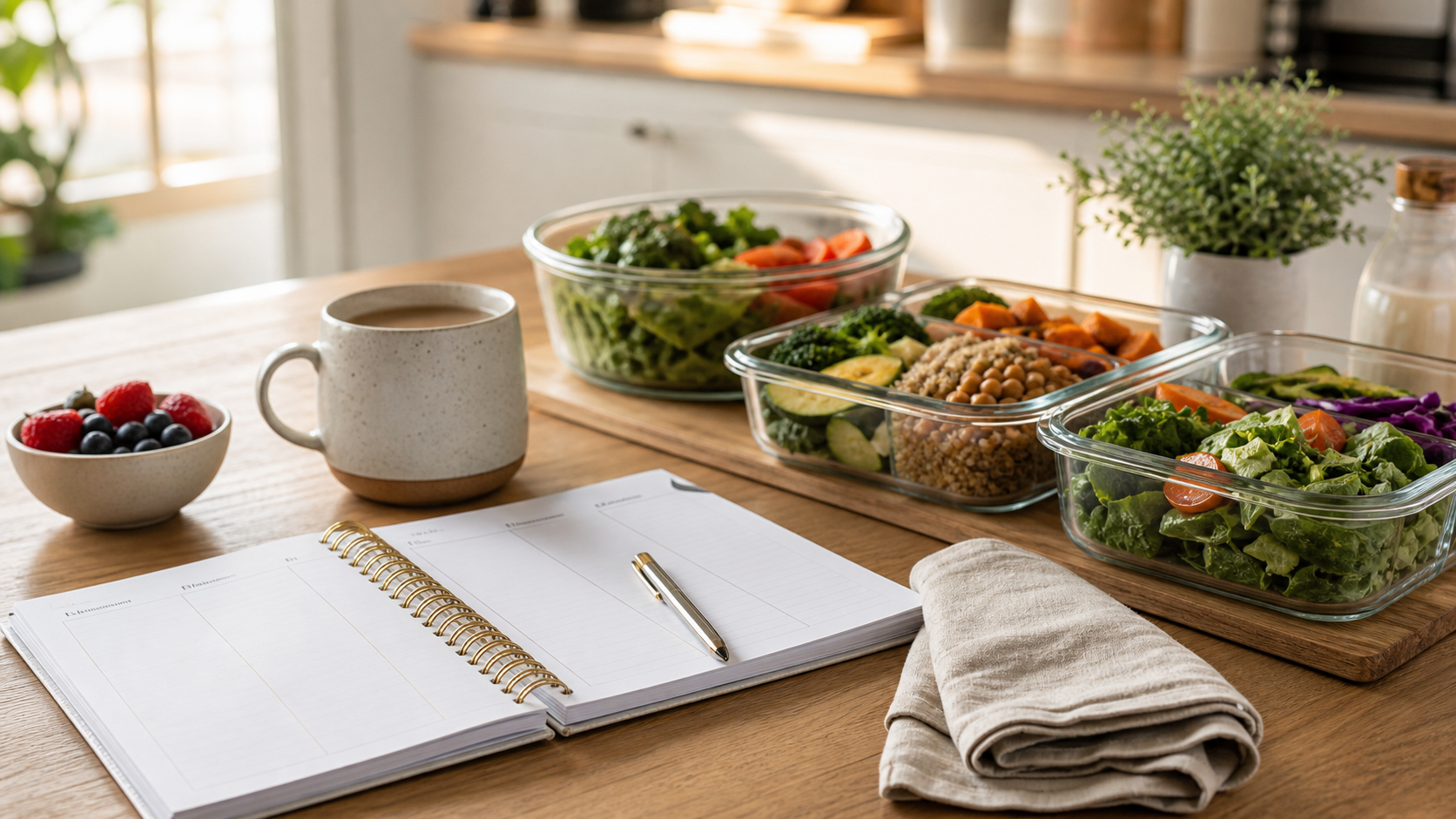Meal prep ordinato e planner settimanale su un tavolo pulito per il reset della domenica